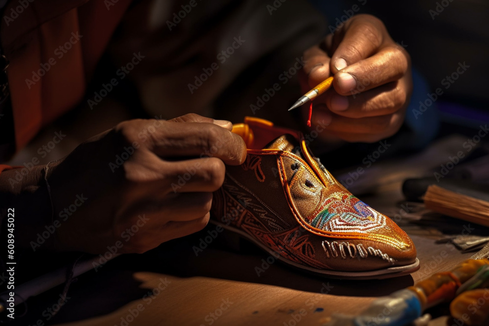 Poster a close-up photograph of a shoemaker's hands skillfully crafting a leather shoe, highlighting the in