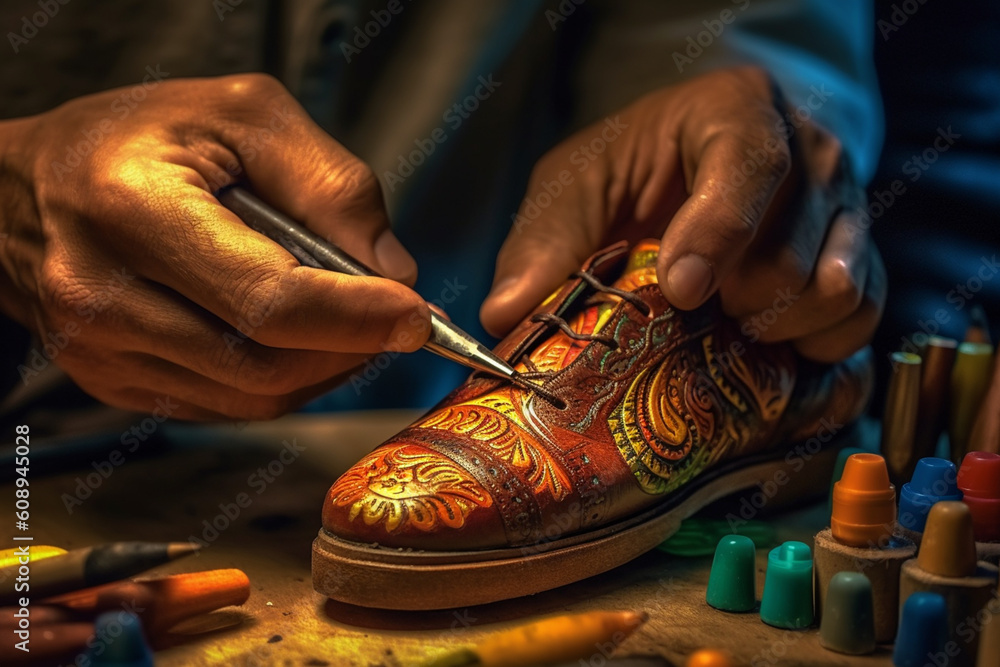 Poster a close-up photograph of a shoemaker's hands skillfully crafting a leather shoe, highlighting the in