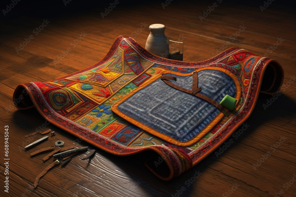 Poster an intricately embroidered shoemaker's apron, adorned with colorful threads and needlework, generati