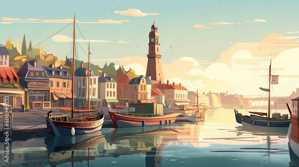 Poster background quiet harbor. an image of the tranquility of a quiet harbor with ships in a banner design