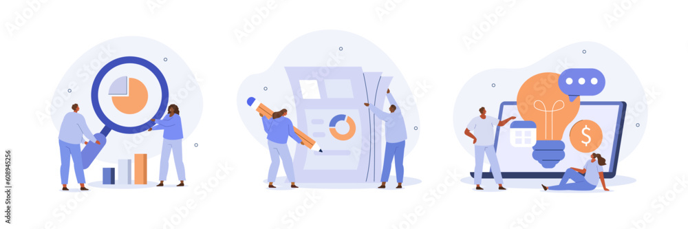 Poster digital business concept illustrations. collections of people working together on project. analytics