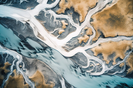 Aerial Photograph of a Glacial River Delta in Iceland with many meandering branches and veins