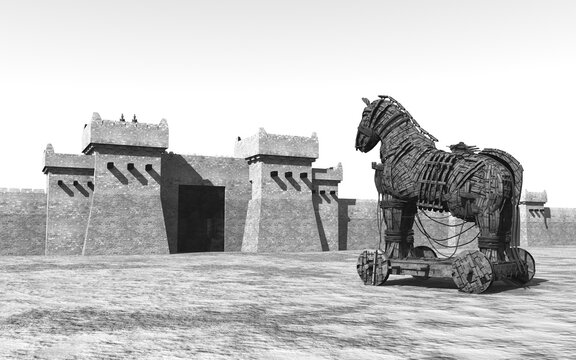 Trojanisches Pferd vor Troja in Schwarz und Weiß
