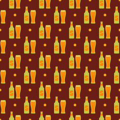 Octoberfest seamless pattern with green beer bottles and glasses of beer on brown background. Oktoberfest traditional texture. Prints. Bavarian diamond wallpaper. Vector. Color illustration