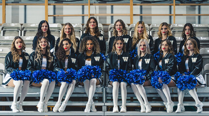 Cheerleader female team sitting in two rows on the benches inside a sports hall. High quality photo