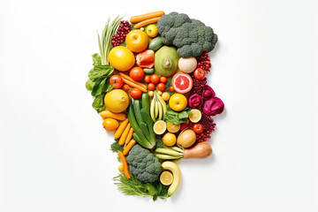 Naklejka na ściany i meble Silhouette of a person's head composed of fruits and vegetables, nutritionist concept, head of vegetarian man made of fruits and vegetables on white background. Generative AI
