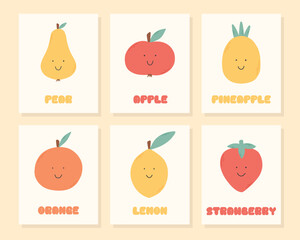 A set of kids cute fruit posters. Vector illustration. Retro posters for nursery. Groovy posters with fruits.