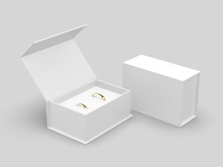 Couple Bride Groom Diamond Wedding Rings in hard paper book style box, blank template 3d illustration.