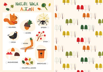 Card Search for Forest Items and Animals for Children and  pattern with colorful leaves in autumn colors. Seasons.