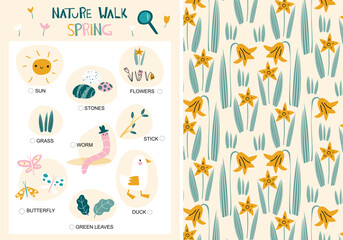 Card Search for Forest Items and Animals for Children and  Pattern with daffodils. Seasons.