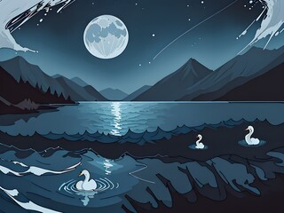 Moonlight Lake with Swans, oil-paint effect, Generative AI Illustration