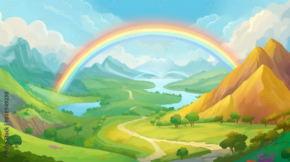 Poster abstract background view of the valley. the enchanting sight of a rainbow arching over the valley wi