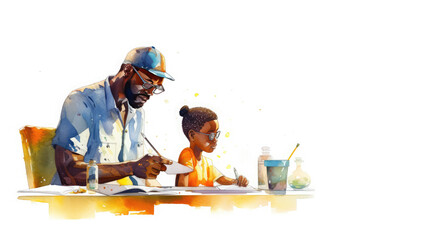 African american father and son playing together over a desk, illustration, animation style, watercolor