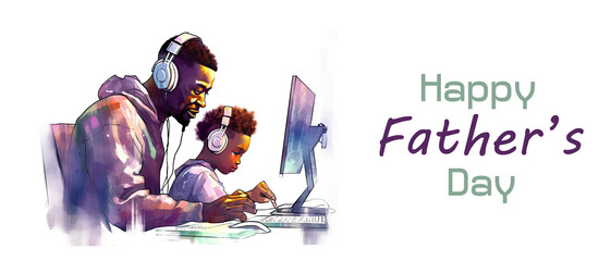 African american father and son playing together over a desk, illustration, animation style, watercolor