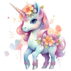 Cute unicorn with flowers and butterflies isolated on a white background Watercolor illustration, AI Generative - obrazy, fototapety, plakaty