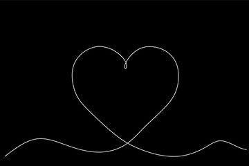 Heart background valentine day design, one line draw vector illustration isolated on black background.