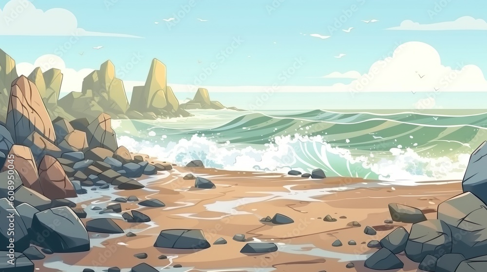 Poster background stony beach. the tranquility of a stony beach with a captivating banner design featuring 