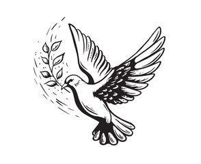 Flying dove of peace with an olive twig, hand drawn Illustration, vector.	
