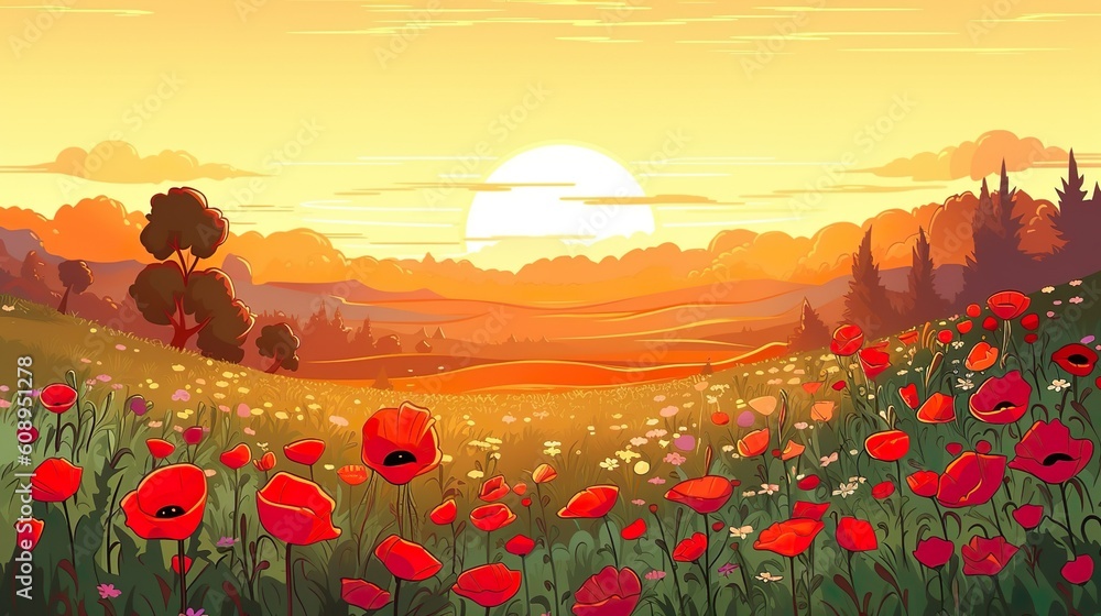 Poster background meadow with poppies. the charm of a meadow filled with colorful poppies in a captivating 