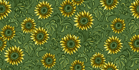 Seamless pattern with sunflowers on a dark green background