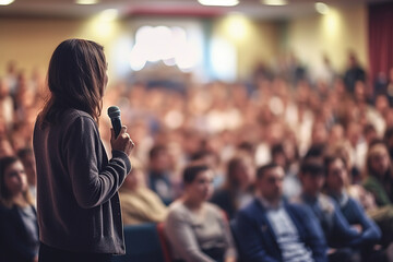A woman in a business suit is giving a speech on stage during a seminar. A lot of people in the blurred background. Shot from her back.