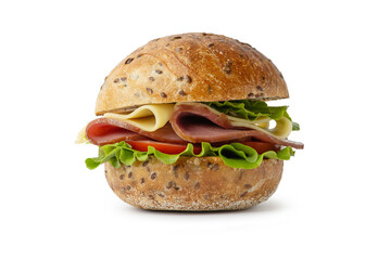 Sandwich with mortadella, cheese and tomatoes on a gray table