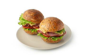 Sandwich with mortadella, cheese and tomatoes on a gray table
