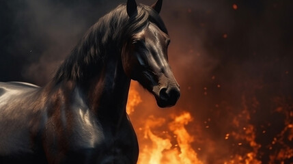 Naklejka na ściany i meble A horse in front of a burning fire.generative ai