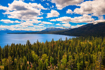 View of Lake Tahoe from the Eagle Rock in California, with Sierra Nevada Mountains in the...