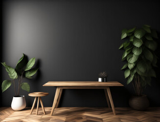 wood table beautiful wall background with sunlight, panoramic banner mockup for display of products, Modern Counter Table with Tropical Plant and Sunlight, Generative AI