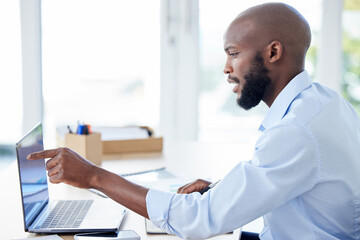 Business, research and man with laptop, pointing to screen and connection with network, online reading and website information. Male person, consultant and agent with a pc, technology and planning