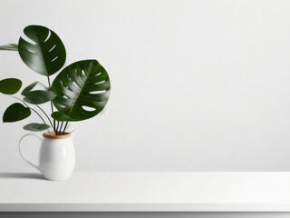 wood table beautiful wall background with sunlight, panoramic banner mockup for display of products, Modern Counter Table with Tropical Plant and Sunlight, Generative AI
