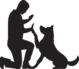 Canine training dog and trainer with paw command vector silhouette