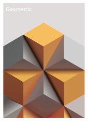 3D random brown, yellow and white boxes in chaotic order. Abstract 3D illustration with cubes in volume creating an empty space studio for product presentation. Colorful abstract podium background.
