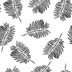 Seamless pattern with coconut leaves in hand drawn doodle style