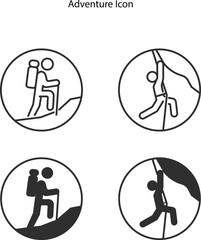 Adventure tours outline and glyph icons collection. Adventure, Tours, Journey, Trekking, Hiking, Rocky, Exploring vector and illustration concept set.