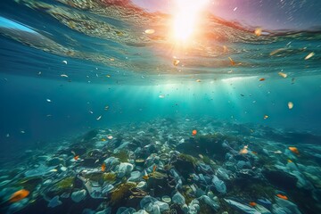Fototapeta na wymiar Worlds oceans day. Garbage at the bottom of the ocean.