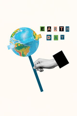Creative vertical collage hand hold world planet sphere geography map lollipop sweet sugary food...