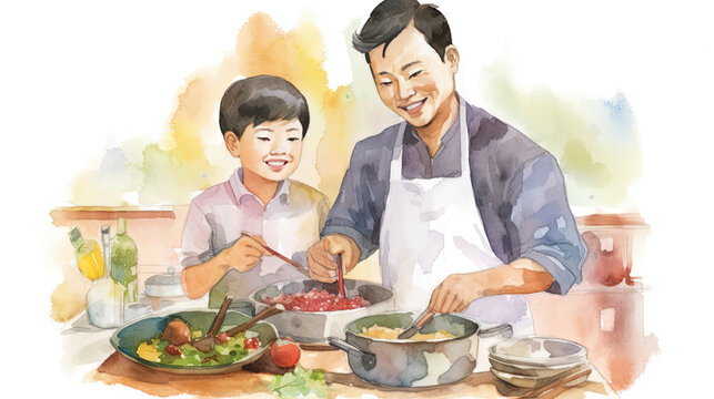 Dad and his little son cooking together. Fathers day concept.