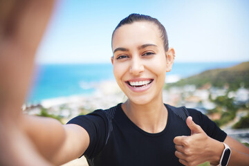 Runner woman, mountain selfie and fitness portrait with energy, smile and training for wellness on...