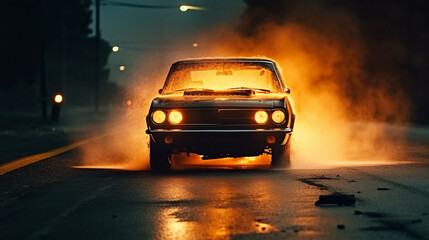 Fototapeta na wymiar Burning car in the road. Generative Ai