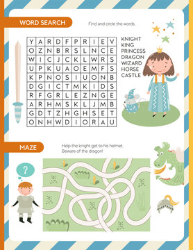 Activity page for kids – maze, word search. Game set worksheet with knight theme – knights, dragon, helmet, princess. Vector illustration.