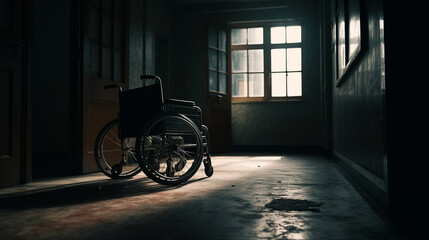 Plakat Wheelchair in the dark room. Generative Ai