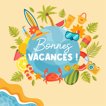 Bonnes vacances - Titre et illustrations vectorielles &eacute;ditables color&eacute;es qui illustrent les grandes vacances, la mer et des accessoires ainsi que des activit&eacute;s baln&eacute;aires ludiques pour la famille