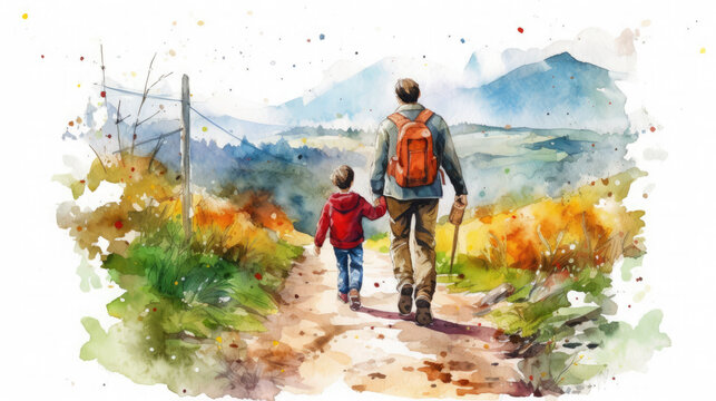 Dad and son walk along the path in nature. Tourist trip together. Fathers day concept. Generative AI