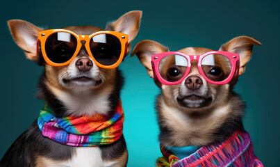  Chihuahuas wearing a vibrant sunglasses stands against a backdrop in studio setting..