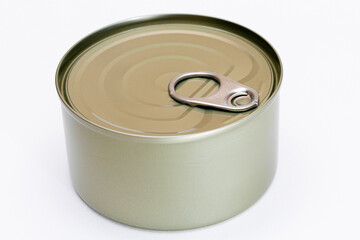 Unopened Tin Can with Blank Edge on White Background. Canned Food. Aluminum Can for Safe and Long Term Storage of Food. Steel Sealed Food Storage Container