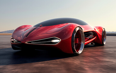 Future concept car. With its stunning red body, the near future form showcases a remarkably elegant design that is both highly modern and minimalistic.  Generative AI, 