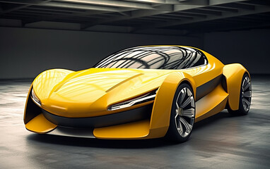 Future concept car. The near future form presents itself with a striking yellow body. Its design is exquisitely elegant, boasting a highly modern and minimalist aesthetic.  Generative AI, 
