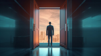 A man stands in front of a door that says'the door to the city 'generative ai